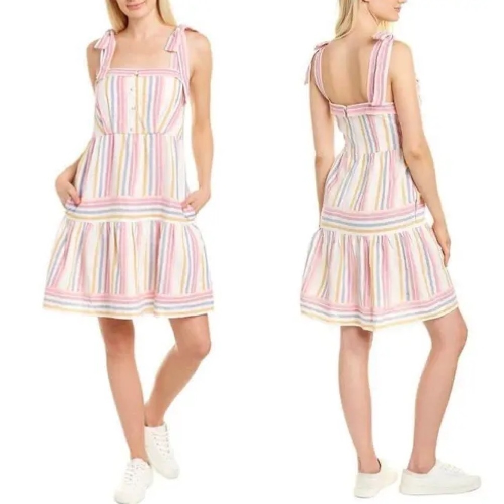 GAL MEETS GLAM KIM BOW LINEN BLEND STRIPED SHOULDER TIE DAY SUN CASUAL DRESS